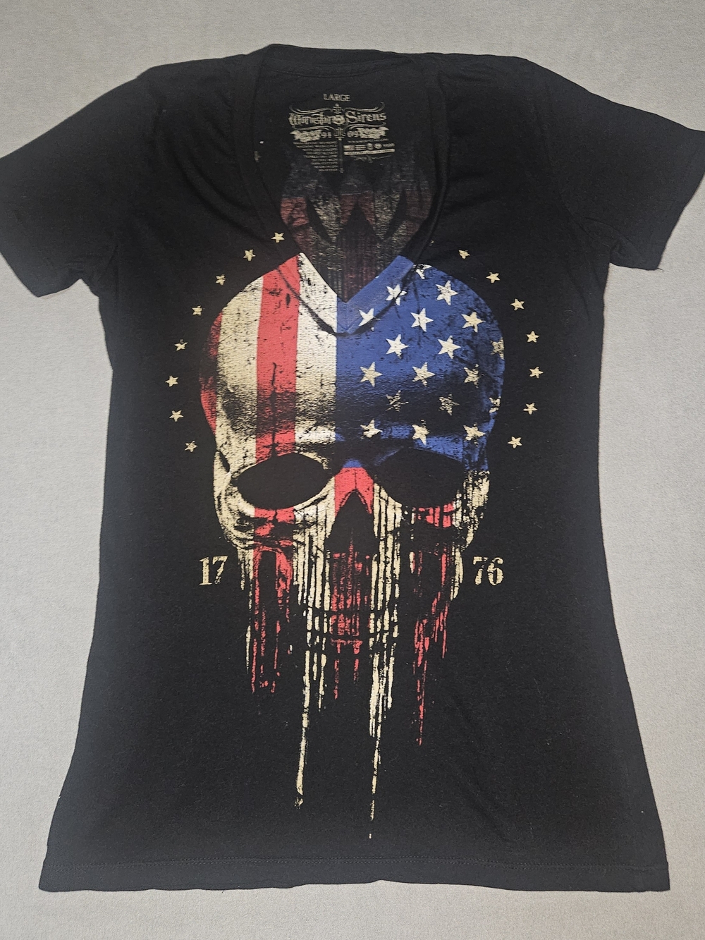 Women’s Black V-Neck Graphic Tee with Distressed American Flag Skull